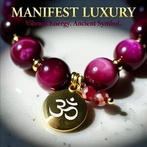Upscale! Exclusive! Magenta & Hot Pink TigersEye w. Gold Om Aum Bracelet 6-6.5"